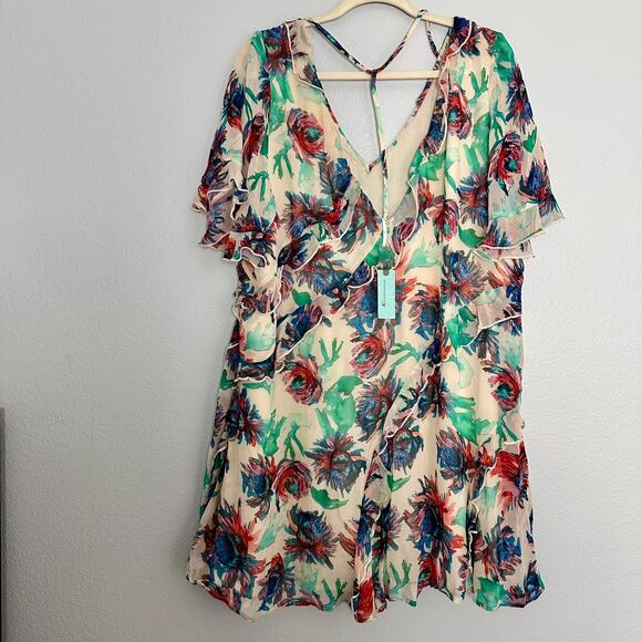 Anthropologie Soft Printed Mini Dress Flutter Sleeves Watercolor Floral Size 2X - Picture 2 of 13
